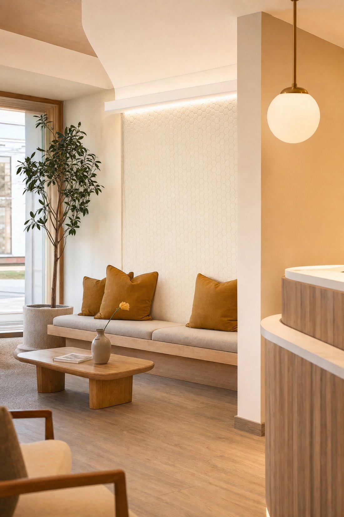 The warm, welcoming reception and waiting area at Honeycomb Dentistry